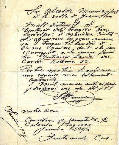 Carta procedent de Guarda Viejo a Guatemala, adreçada a l'alcalde de Granollers, demanant informació sobre l'estat de la família Gutiérrez Landa [Document]