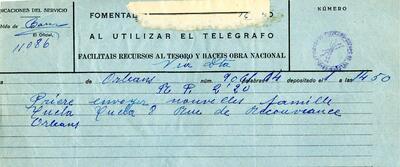 Telegrama procedent d'Orleans a França, demanant notícies de la família Cucla [Document]