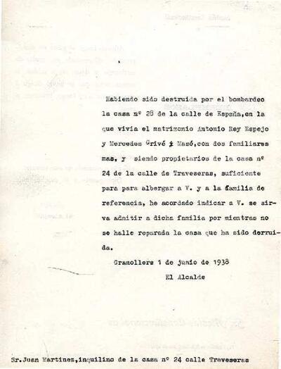 Carta de l'alcalde de Granollers, adreçada a Juan Martínez, sol·licitant l'acolliment de diverses persones a la seva casa del carrer Travesseres nº 24 [Document]