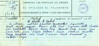 Telegrama de l'alcalde de Madrid, adreçat a l'alcalde de Granollers, demanant notícies sobre diverses famílies residents a Granollers [Document]
