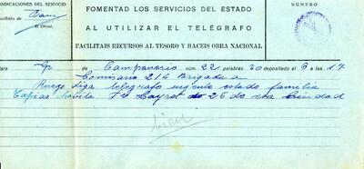Telegrama d'un comissari des de Campanario, adreçat a l'alcalde de Granollers, demanant informació sobre l'estat de la família Tapias [Documento]