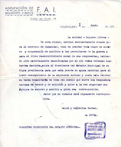 Carta de la Agrupación Local de Mujeres Libres, adreçada al president del Consell Municipal de Granollers, sol·licitant ajudes pel ressorgiment de l'entitat, damnificada pel bombardeig [Documento]