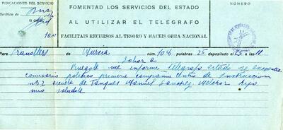 Telegrama del pare de Manuel Sanchez Melchor des de Múrcia, adreçat a l'alcalde de Granollers, demanant notícies sobre el seu fill, comissari polític de la 1a Companyia del Centre d'Instrucció nº 2 [Document]