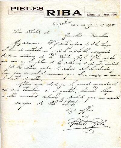 Carta de Roberto Riba des d'Argentina, adreçada a l'alcalde de Granollers, demanant informació sobre l'estat de Josefa Riba [Documento]