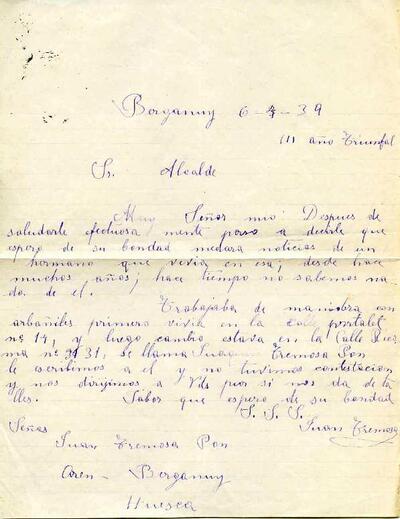 Carta de Juan Tremosa Pon, veí de Huesca, a l'Ajuntament de Granollers demanant li enviïn notícies del seu germà, veí de Granollers i del qual no sap res [Document]