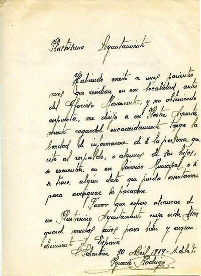 Carta d'Ignacio Rodrigo a l'Ajuntament de Granollers, demanant notícies sobre els seus parents, veïns de Granollers. [Document]