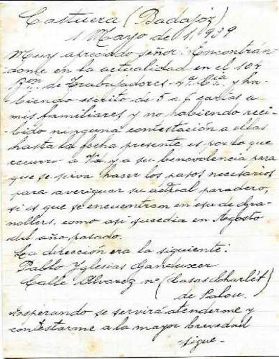 Carta de Lorenzo Iglesias Marsell a l'Ajuntament de Granollers, demanant notícies dels seus familiars de Granollers.  [Document]