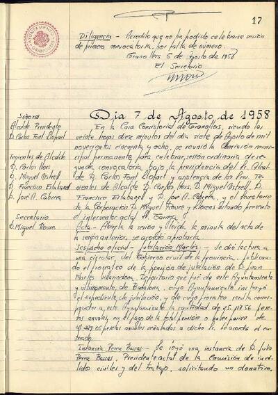 Actes de la Comissió Municipal Permanent, 5/8/1958, Diligència [Acta]