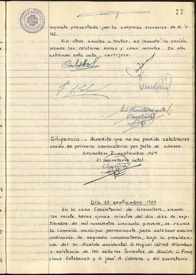 Actes de la Comissió Municipal Permanent, 8/9/1959, Diligència [Acta]