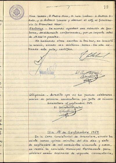 Actes de la Comissió Municipal Permanent, 15/9/1959, Diligència [Acta]