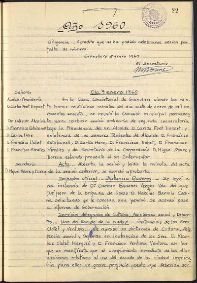 Actes de la Comissió Municipal Permanent, 5/1/1960, Diligència [Acta]