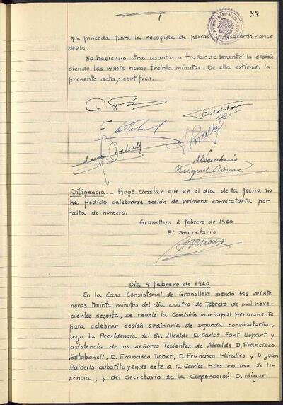 Actes de la Comissió Municipal Permanent, 2/2/1960, Diligència [Acta]