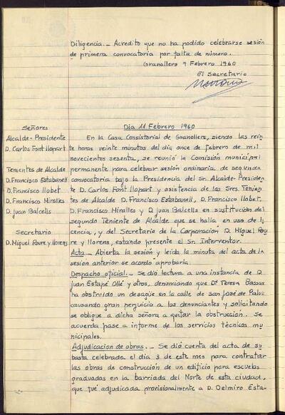 Actes de la Comissió Municipal Permanent, 9/2/1960, Diligència [Acta]