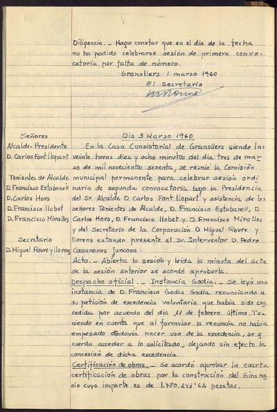 Actes de la Comissió Municipal Permanent, 1/3/1960, Diligència [Acta]