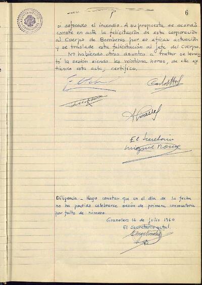 Actes de la Comissió Municipal Permanent, 13/7/1960, Diligència [Acta]