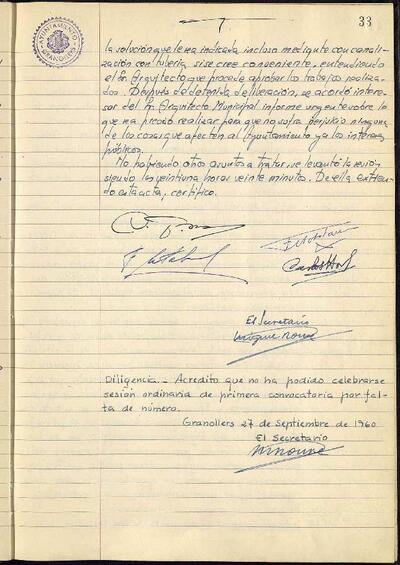 Actes de la Comissió Municipal Permanent, 27/9/1960, Diligència [Acta]