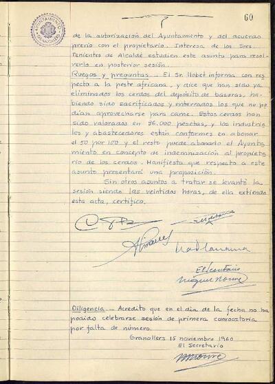 Actes de la Comissió Municipal Permanent, 15/11/1960, Diligència [Acta]