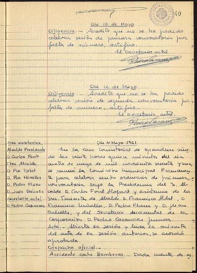 Actes de la Comissió Municipal Permanent, 10/5/1961, Diligència [Acta]