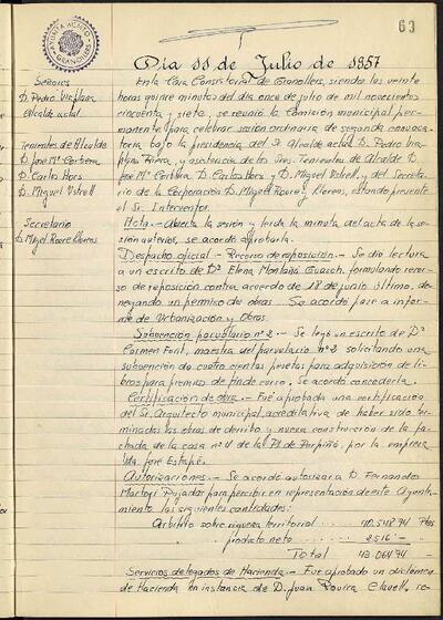 Actes de la Comissió Municipal Permanent, 11/7/1957, Sessió ordinària [Acta]