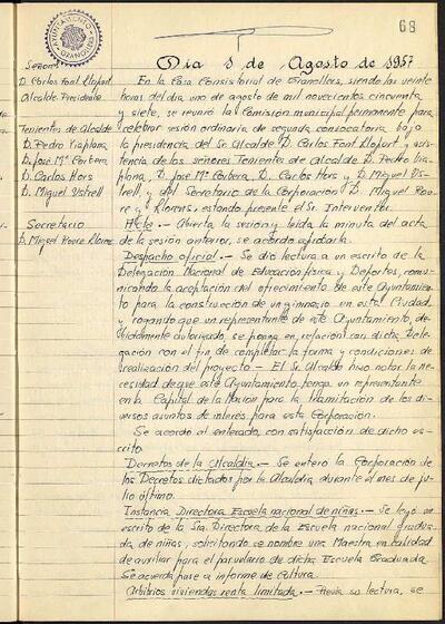 Actes de la Comissió Municipal Permanent, 1/8/1957, Sessió ordinària [Acta]