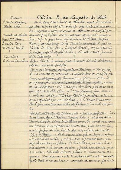 Actes de la Comissió Municipal Permanent, 8/8/1957, Sessió ordinària [Acta]