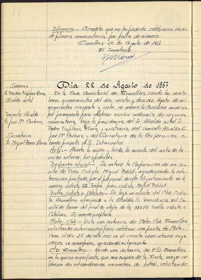 Actes de la Comissió Municipal Permanent, 22/8/1957, Sessió ordinària [Acta]