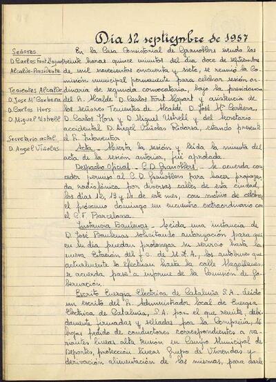 Actes de la Comissió Municipal Permanent, 12/9/1957, Sessió ordinària [Acta]