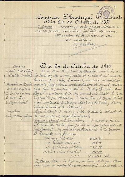 Actes de la Comissió Municipal Permanent, 24/10/1957, Sessió ordinària [Acta]