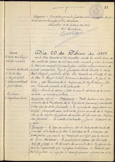 Actes de la Comissió Municipal Permanent, 20/2/1958, Sessió ordinària [Acta]