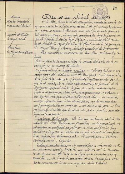 Actes de la Comissió Municipal Permanent, 10/4/1958, Sessió ordinària [Acta]