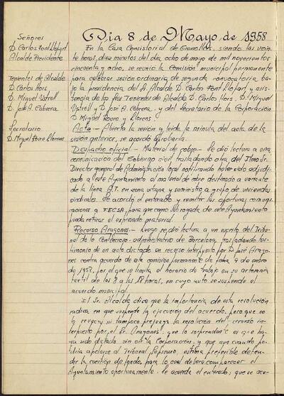 Actes de la Comissió Municipal Permanent, 8/5/1958, Sessió ordinària [Acta]