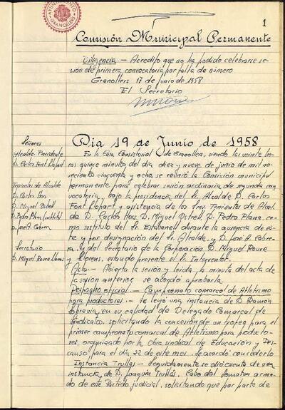 Actes de la Comissió Municipal Permanent, 19/6/1958, Sessió ordinària [Acta]