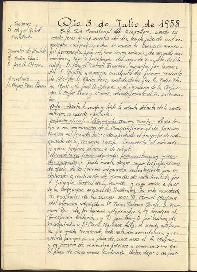 Actes de la Comissió Municipal Permanent, 3/7/1958, Sessió ordinària [Acta]