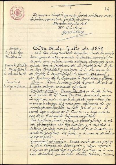 Actes de la Comissió Municipal Permanent, 24/7/1958, Sessió ordinària [Acta]