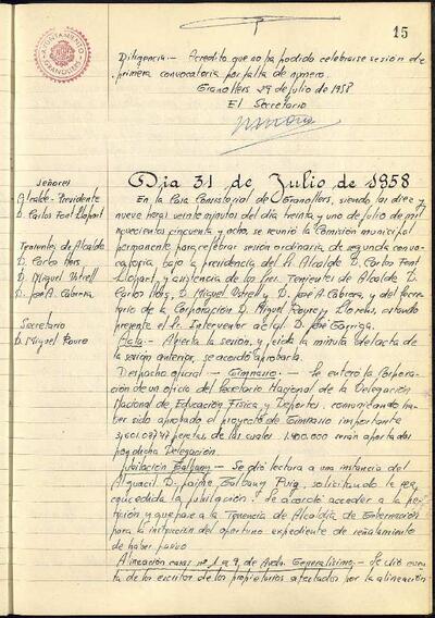 Actes de la Comissió Municipal Permanent, 31/7/1958, Sessió ordinària [Acta]