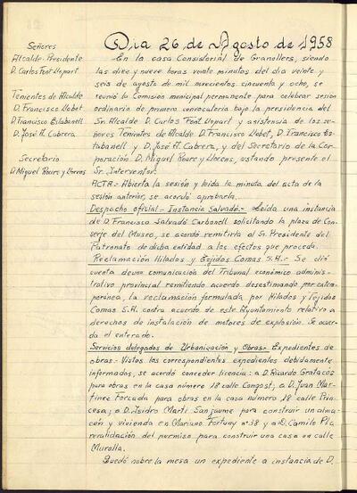 Actes de la Comissió Municipal Permanent, 26/8/1958, Sessió ordinària [Acta]