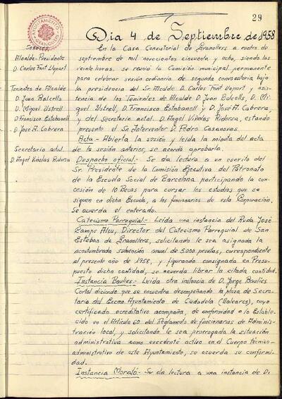 Actes de la Comissió Municipal Permanent, 4/9/1958, Sessió ordinària [Acta]