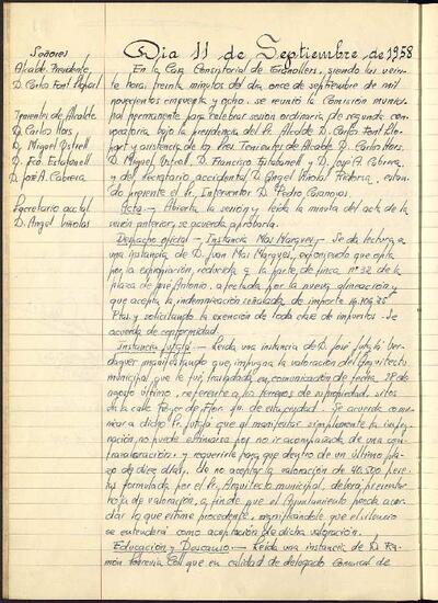 Actes de la Comissió Municipal Permanent, 11/9/1958, Sessió ordinària [Acta]