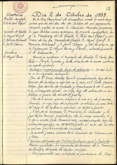 Actes de la Comissió Municipal Permanent, 2/10/1958, Sessió ordinària [Acta]