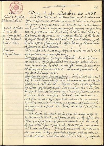 Actes de la Comissió Municipal Permanent, 9/10/1958, Sessió ordinària [Acta]