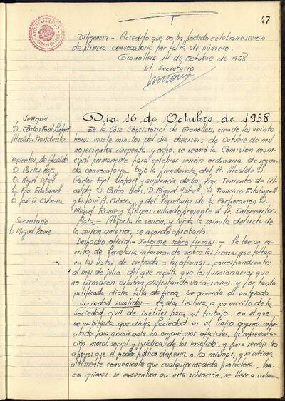 Actes de la Comissió Municipal Permanent, 16/10/1958, Sessió ordinària [Acta]