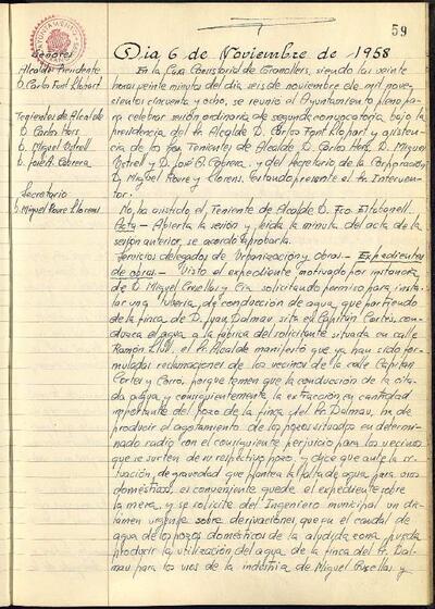 Actes de la Comissió Municipal Permanent, 6/11/1958, Sessió ordinària [Acta]