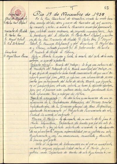 Actes de la Comissió Municipal Permanent, 19/11/1958, Sessió ordinària [Acta]