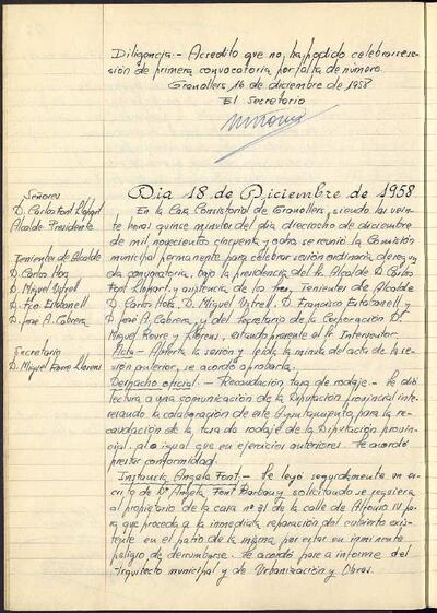 Actes de la Comissió Municipal Permanent, 18/12/1958, Sessió ordinària [Acta]