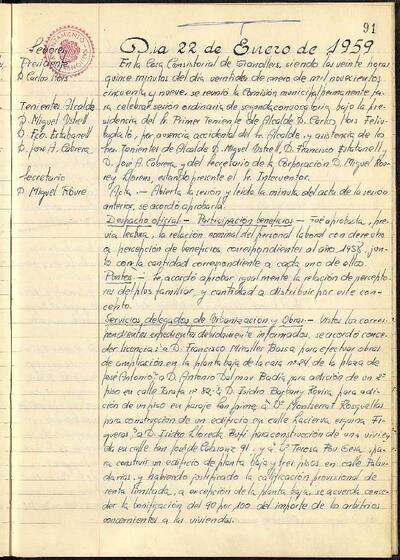 Actes de la Comissió Municipal Permanent, 22/1/1959, Sessió ordinària [Acta]