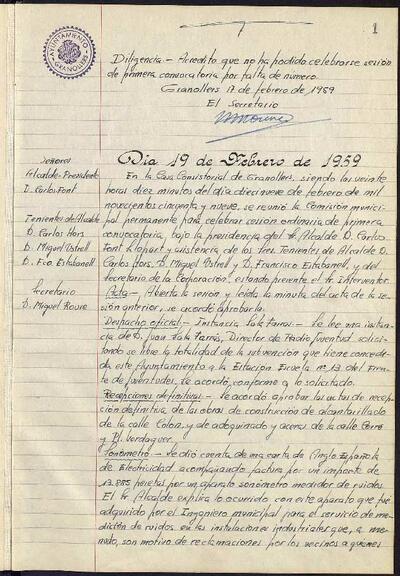 Actes de la Comissió Municipal Permanent, 19/2/1959, Sessió ordinària [Acta]