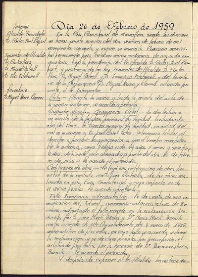 Actes de la Comissió Municipal Permanent, 26/2/1959, Sessió ordinària [Acta]