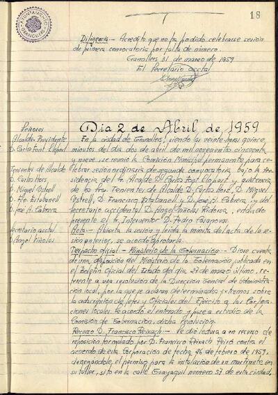 Actes de la Comissió Municipal Permanent, 2/4/1959, Sessió ordinària [Acta]