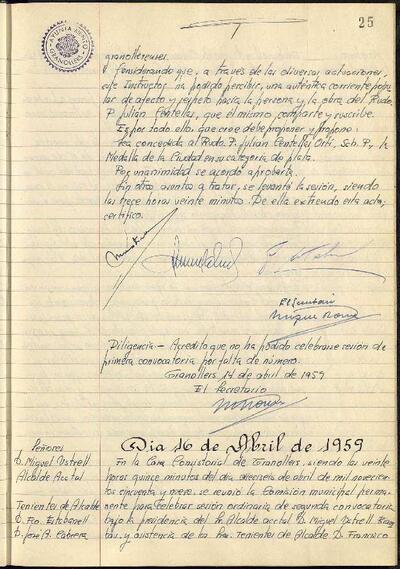 Actes de la Comissió Municipal Permanent, 16/4/1959, Sessió ordinària [Acta]