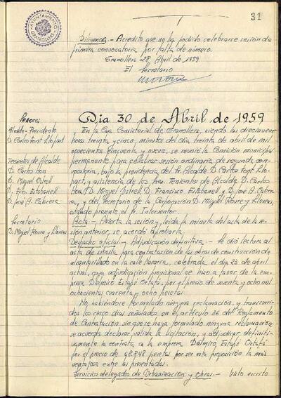 Actes de la Comissió Municipal Permanent, 30/4/1959, Sessió ordinària [Acta]